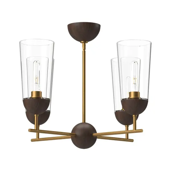 The Emil chandelier beautifully blends natural walnut wood with aged gold metallic accents, creating a versatile fixture that transitions seamlessly from modern Scandinavian to rustic cottage aesthetics. At 25 inches, it's perfectly sized for medium spaces.