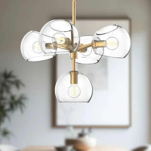 The Willow chandelier combines brushed gold metalwork with distinctive copper glass shades, creating an upbeat artistic statement. Its compact 18-inch size makes it versatile for various spaces while the mix-and-match design philosophy allows personalization. - alternate view