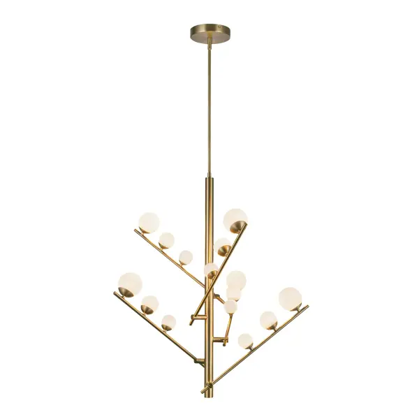 The Cypress chandelier features innovative adjustable arms that expand or contract to fit your space perfectly. With 15 matte opal glass globes and integrated LED lighting, it delivers both style and functionality.
