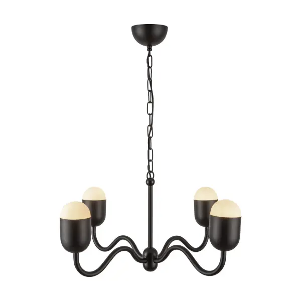 The Effie chandelier reimagines the traditional candelabra with organically curved arms and rounded opal glass shades. Its whimsical wavy silhouette brings fresh personality to classic design, perfect for those seeking timeless style with a modern twist.