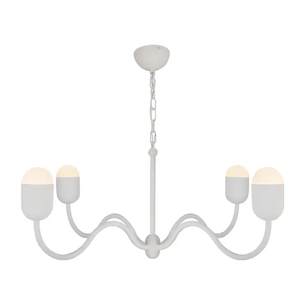 The Effie chandelier reimagines the classic candelabra with organically curved arms and a whimsical wavy silhouette. Its 39-inch span and matte black finish with opal glass create a striking focal point that balances timeless elegance with contemporary playfulness.
