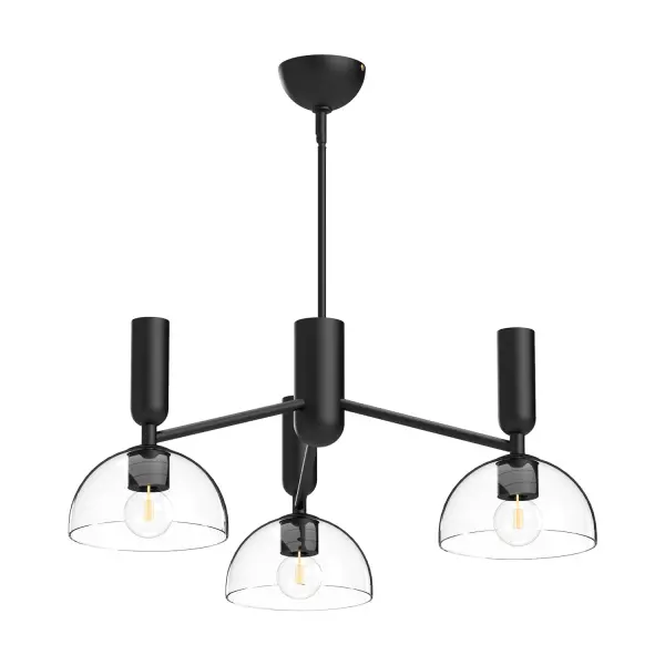 The Jude chandelier combines geometric stems with organically curved details for a unique artistic presence. Its half-dome glass shades and hourglass silhouette create visual interest while the brushed gold finish adds warmth.