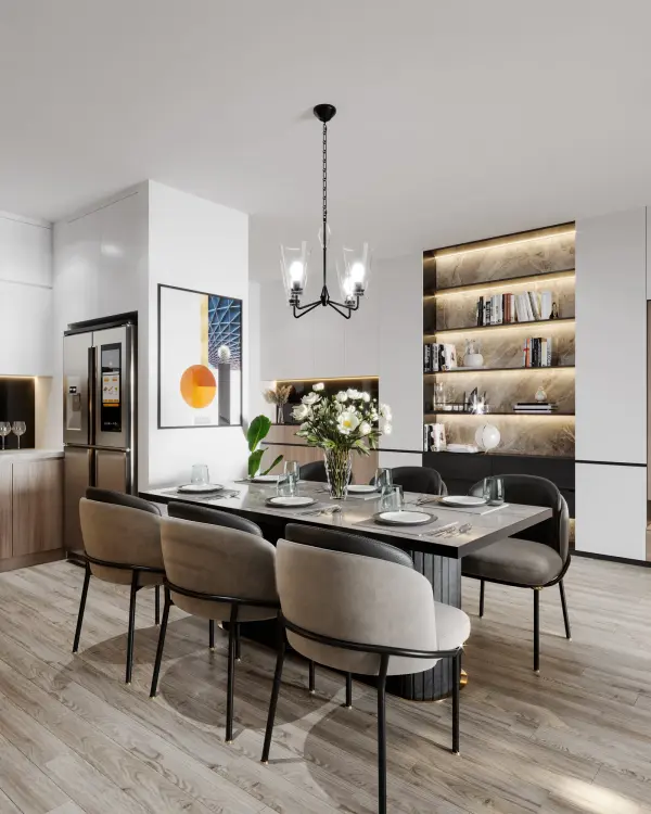 The Salem chandelier transforms spaces with its luxurious crystal details arranged in triangular geometric patterns. Inspired by fine jewelry, this 23-inch fixture combines matte black finish with clear crystal elements for sophisticated sparkle. - alternate view