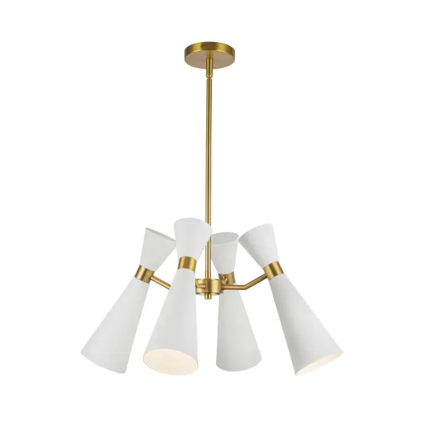 The Blake chandelier masterfully combines classic mid-century geometric shapes with a unique bowtie accent in Aged Gold. Its 24-inch scale makes it versatile for multiple spaces while the white shade with gold detailing adds sophistication.