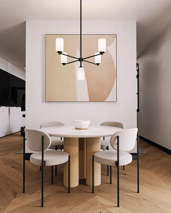 The Nola chandelier combines sleek socket-based design with domed metal and glossy opal glass shades, creating a perfect balance of exposed bulb charm and refined sophistication for contemporary spaces. - alternate view