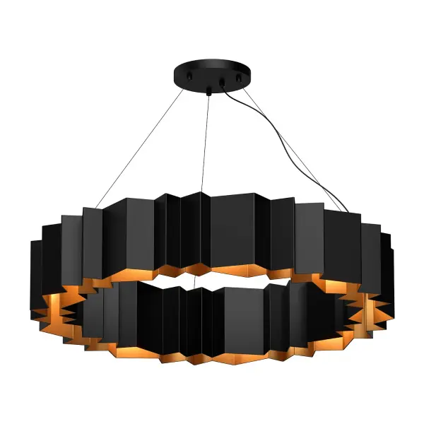 The Akira 40-inch chandelier delivers artistic impact through folded metal construction with striking black exterior and brushed gold interior. Perfect for those seeking a conversation-starting focal point with modern sophistication.
