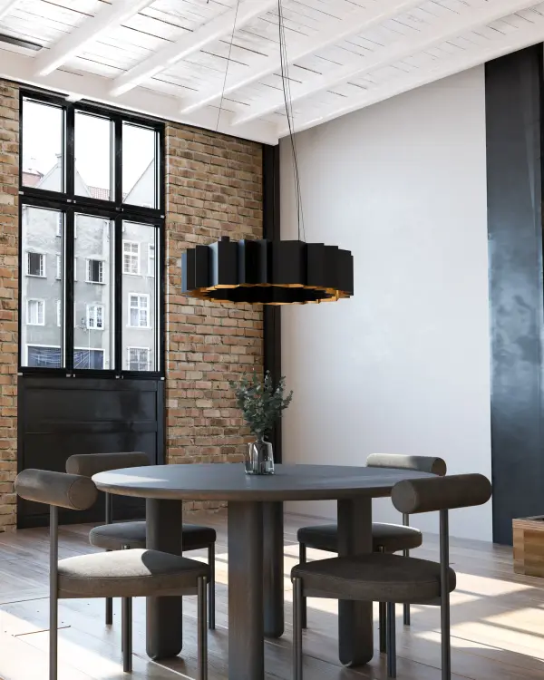 The Akira 40-inch chandelier delivers artistic impact through folded metal construction with striking black exterior and brushed gold interior. Perfect for those seeking a conversation-starting focal point with modern sophistication. - alternate view