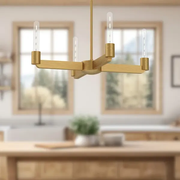 The Claire Chandelier blends minimalist Bauhaus design with Art Deco sophistication. Forged metal arms in Aged Gold finish create a timeless statement piece that adapts to any interior style while maintaining refined elegance. - alternate view