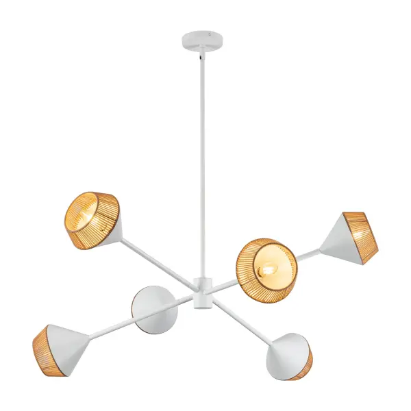The Daphne chandelier blends mid-century geometry with organic natural materials, creating a striking focal point. Its 38-inch scale and Japanese-inspired design make it perfect for modern spaces seeking warmth and visual interest.