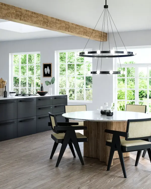 The Rezz chandelier reimagines classic Hollywood glamour with a contemporary minimal frame and dancing opal glass diffusers. Integrated LED with warm 3000K lighting creates an inviting ambiance perfect for multiple design styles. - alternate view