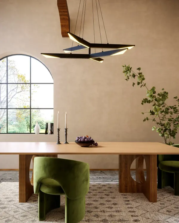 The Tachi chandelier brings geometric sophistication with its blade-inspired design and warm brass finish. Integrated LED with light guide technology provides efficient, even illumination through frosted acrylic diffusers. - alternate view