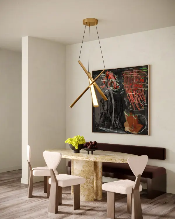 The Lex chandelier brings contemporary sophistication with its asymmetrical linear bars and vintage brass finish. Integrated LED technology provides energy-efficient warm white light, while the bold geometric form creates a striking focal point. - alternate view