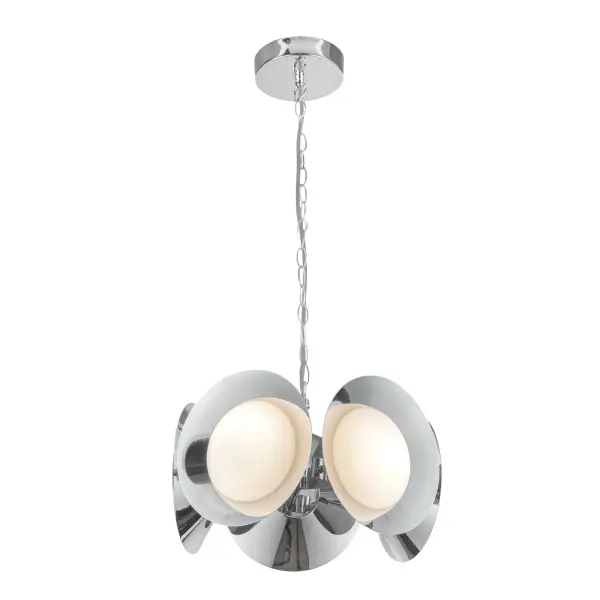 The Cleo 16-inch chandelier combines contemporary sophistication with warm functionality. Oversized opal diffusers framed by chrome circular discs create a striking focal point while providing soft, even illumination.