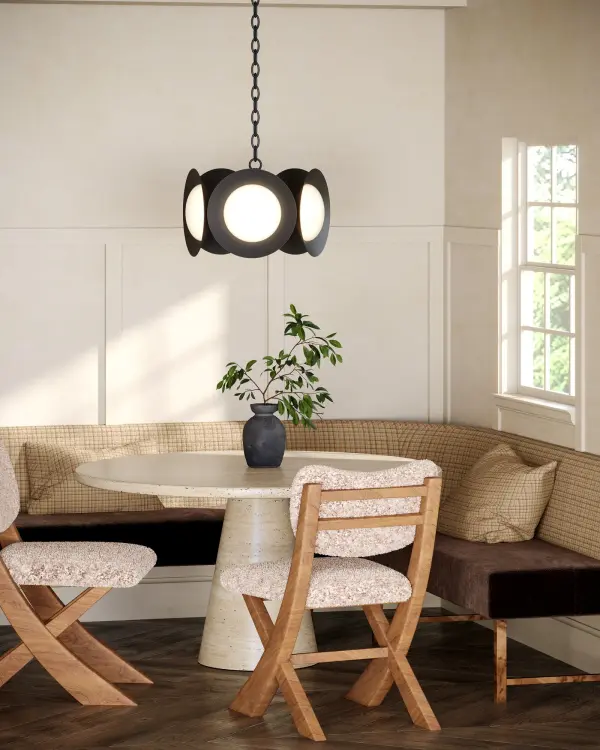 The Cleo 16-inch chandelier combines contemporary sophistication with warm functionality. Oversized opal diffusers framed by chrome circular discs create a striking focal point while providing soft, even illumination. - alternate view