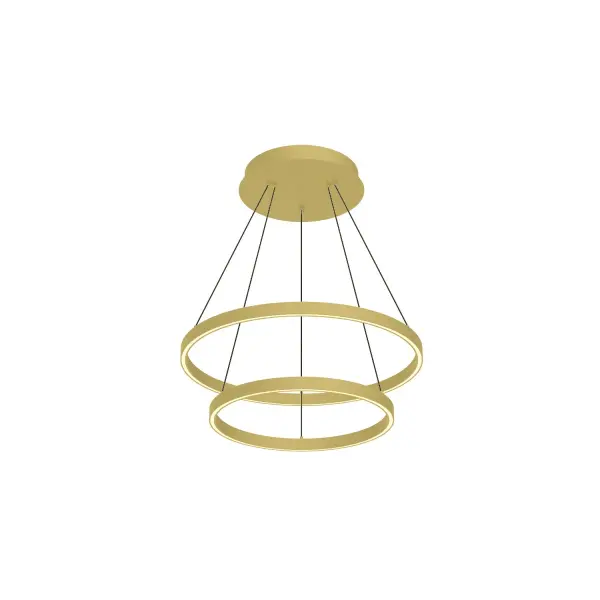 The Cerchio chandelier features a distinctive two-tier circular design with extruded aluminum construction and up/down lighting. Its 24-inch diameter and integrated 3000K LED make it perfect for modern dining rooms and living spaces.