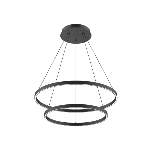The Cerchio 32-inch chandelier features a distinctive two-tier design with extruded aluminum rings and flush silicone diffusers. Integrated LED provides both up and down lighting with warm 3000K color temperature, creating ambient illumination perfect for contemporary spaces.