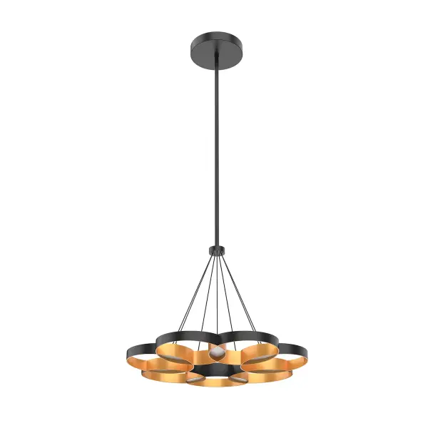 The Maestro LED Chandelier transforms lighting into art with synchronized metal rings that create jewel-like illumination. Its geometric design offers visual interest from every angle while delivering efficient LED performance.