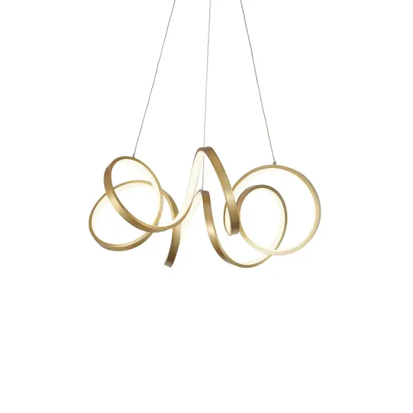 The Synergy chandelier features a distinctive looping design with integrated LED lighting that creates a continuous arc of warm illumination. Its rolled rectangular aluminum extrusion with silicon opal lens delivers soft, even light distribution while showcasing the curated Antique Brass finish from every angle.