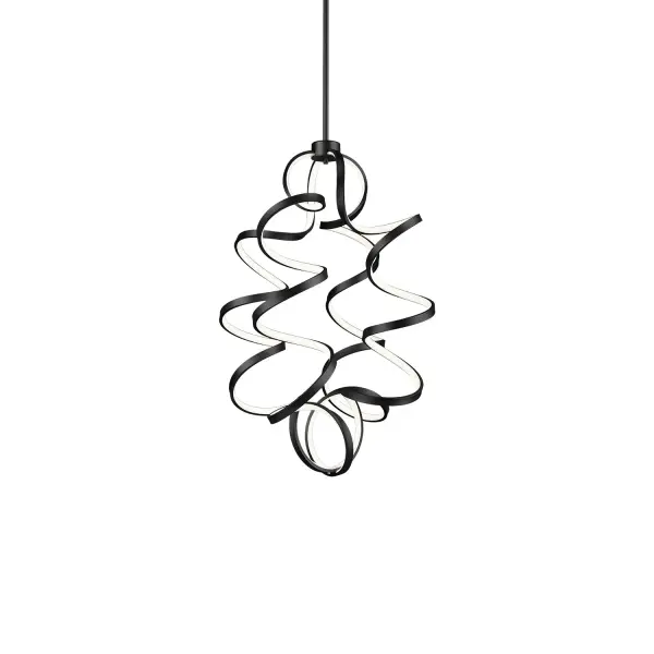 The Synergy chandelier features a distinctive looping helical design with integrated LED lighting. Its rolled rectangular aluminum extrusion with silicon opal lens creates soft, even illumination while showcasing the antique brass finish from every angle.