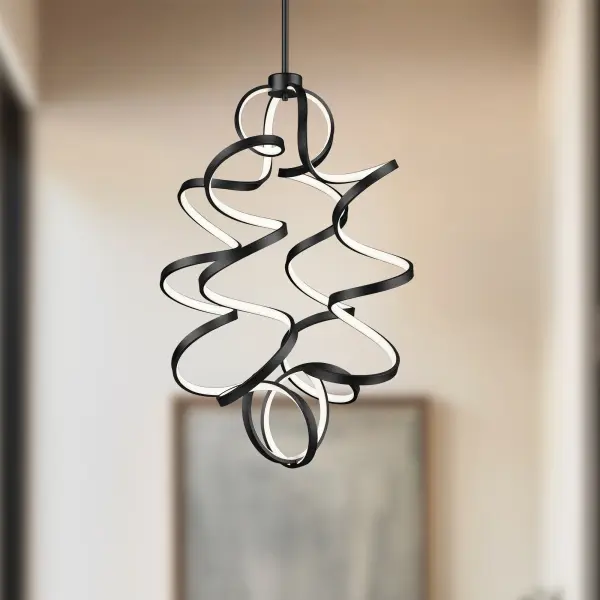 The Synergy chandelier features a distinctive looping helical design with integrated LED lighting. Its rolled rectangular aluminum extrusion with silicon opal lens creates soft, even illumination while showcasing the antique brass finish from every angle. - alternate view