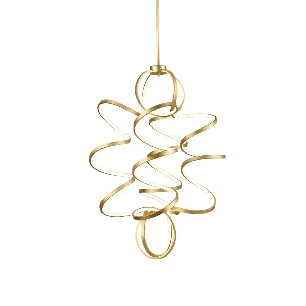 The Synergy chandelier features a striking continuous helical path with integrated LED lighting. Its rolled rectangular aluminum extrusion and silicon opal lens create soft, even illumination while the antique brass finish adds warmth to contemporary spaces.