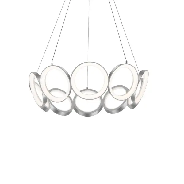 The Oros chandelier features die-cast aluminum rings with translucent acrylic diffusers that create a stunning sculptural presence. Integrated 3000K LED provides warm, outward-emitting light perfect for ambient illumination in contemporary spaces.