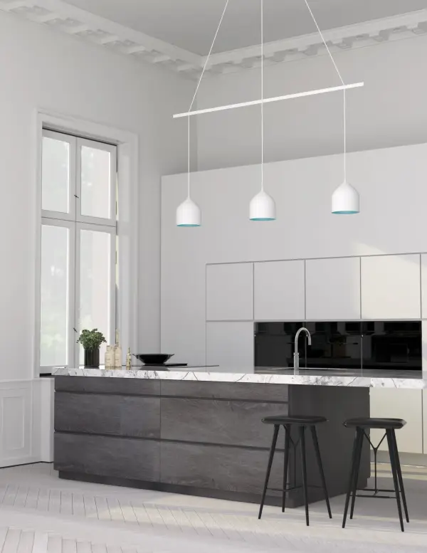 The Marquee transforms individual pendants into a choreographed linear statement. Its 47-inch canopy allows for creative, customizable arrangements that work beautifully over dining tables, kitchen islands, and commercial spaces. - alternate view