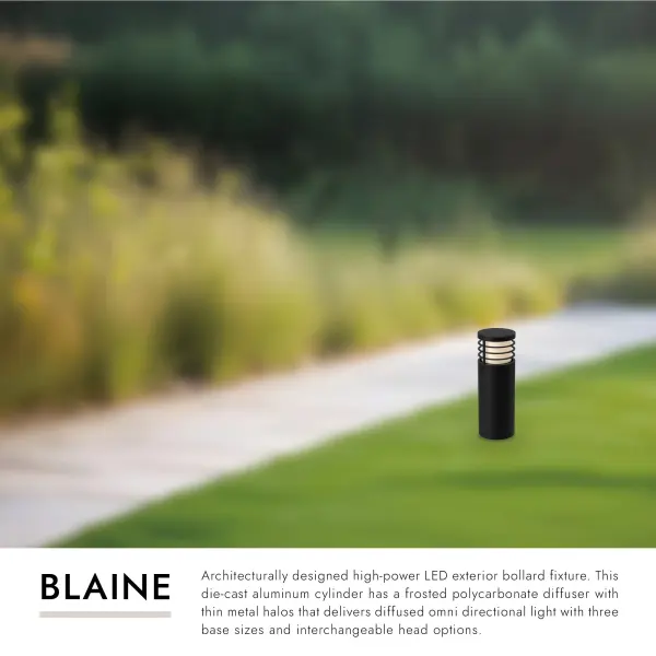 The Blaine 18" bollard combines architectural design with high-power LED technology, featuring a die-cast aluminum cylinder and frosted diffuser that delivers 360-degree illumination for walkways and paths. - alternate view