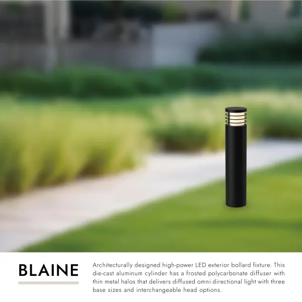 The Blaine 29" bollard combines architectural design with high-power LED technology, featuring a die-cast aluminum cylinder and frosted diffuser that delivers 360-degree ambient lighting for walkways and outdoor spaces. - alternate view