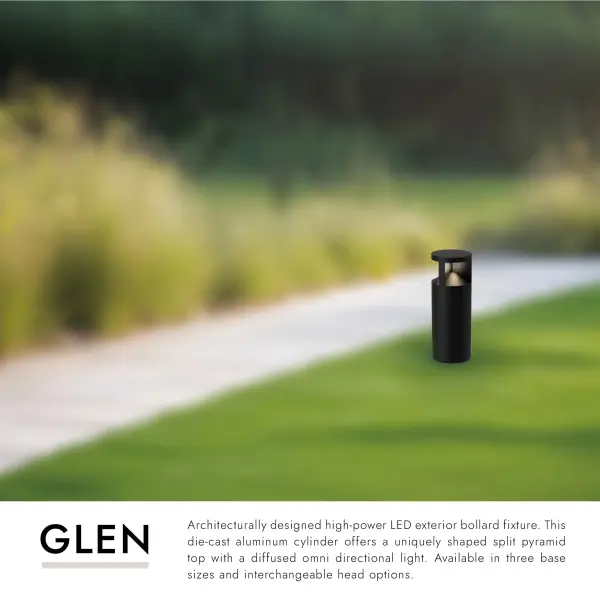 The Glen 17" bollard combines contemporary design with high-power LED technology. Its die-cast aluminum construction and split pyramid top create distinctive omni-directional illumination for walkways and paths. - alternate view