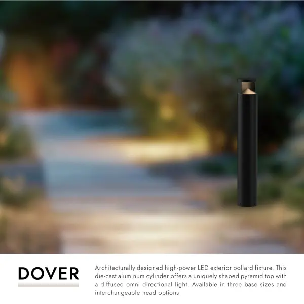 The Dover 39" bollard combines modern architectural design with high-power LED technology. Its die-cast aluminum construction and unique pyramid top deliver omni-directional illumination perfect for walkways and paths. - alternate view