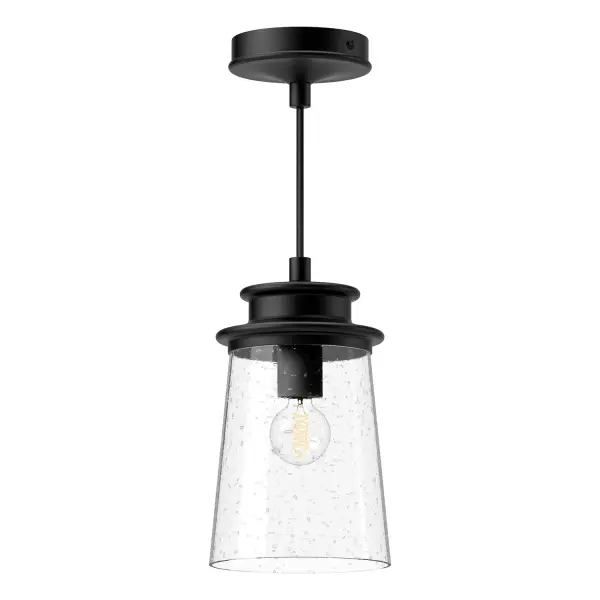 The Quincy pendant brings international architectural elegance to your outdoor spaces with its distinctive layered pagoda-inspired frame. The textured black finish paired with clear bubble glass creates visual interest while maintaining classic appeal.