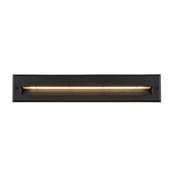 This exterior recessed light is a classic, rectangle-shaped, 8 inch tall die-cast aluminum recessed light and utilizes LED light sources. The housing is designed to light an exterior or interior staircase or any other area that calls for a lighting from a concealed aperture. Choose from black or gray powder coat. Requires either back-box with fixture ER718-MBOX (Dry Location) or ER718-CBOX (Wet Location). Back-box sold separately. Collection: Newport Finish: Black Glass: Frosted Glass Width: 19.38" Height: 3.63" Extension from Wall: 2.13" Maximum Wattage: 16.00 W Bulb Type: Module Bulb Base: AC Light Source: LED Light Output: 1275.00 lm Delivered Lumens: 336.00 lm Color Temperature: 3000 K CRI: 90 Rated Average Life: 50,000 Voltage: 120.00 V Material: Aluminum Country of Origin: China Safety Listing: ETL Safety Rating: Wet ADA LED Spec Sheet
