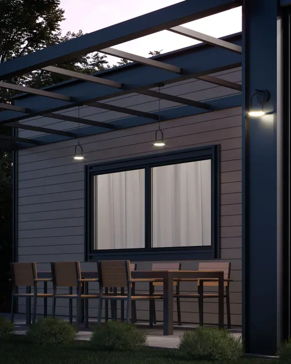 The Trek Wall Sconce brings contemporary style to outdoor spaces with its clean-lined lantern silhouette and circular LED frame. Providing both up and down light, this compact 5-inch fixture delivers warm illumination perfect for entryways and patios. - alternate view