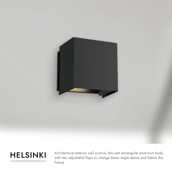The Helsinki wall sconce combines architectural design with practical functionality. Its die-cast aluminum body features adjustable flaps for customizable beam angles, making it ideal for modern outdoor spaces. - alternate view