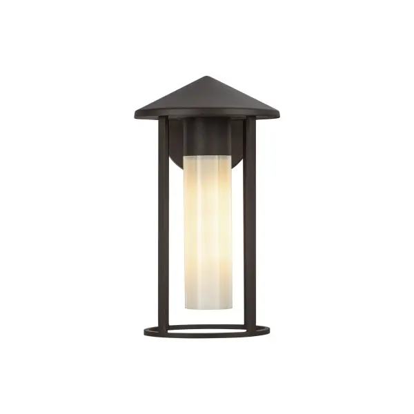 The Tenko wall sconce blends Japanese and Craftsman architectural details with modern minimalism. Its glossy opal glass maximizes luminosity for a soft lantern-like glow, while clean metal lines create timeless appeal for any exterior or interior space.