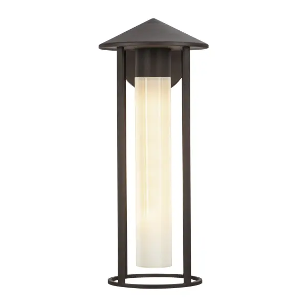 The Tenko wall sconce blends Japanese and Craftsman architectural details with modern functionality. Its glossy opal glass maximizes ambient glow while bronze metalwork provides clean lines and durability for indoor or outdoor use.