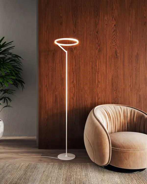 The Roda floor lamp brings minimalist Scandinavian design to modern spaces with its distinctive wheel-inspired silhouette. Standing 66 inches tall with integrated 3000K LED lighting, it combines contemporary elegance with practical illumination. - alternate view