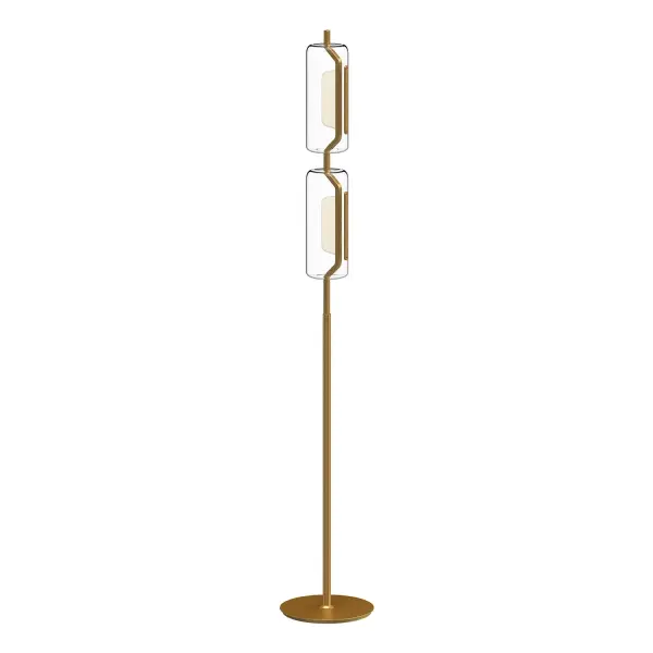 The Hilo floor lamp combines clean modern design with innovative light guide technology for brilliant omni-directional illumination. Its cylindrical glass shades and brushed gold finish create an airy, sophisticated look. - alternate view