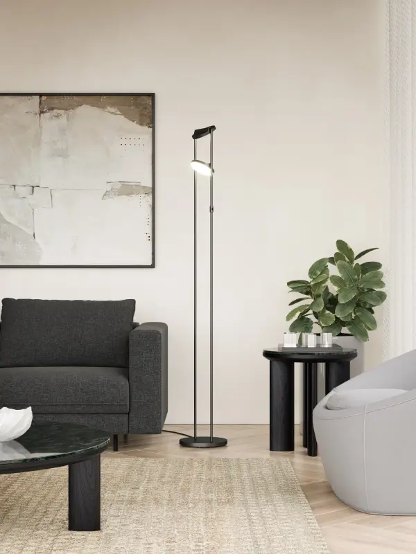 The Novel floor lamp combines geometric elegance with practical versatility. Its adjustable disk lights on thin metal stems create a striking sculptural presence while offering customizable illumination for any space. - alternate view