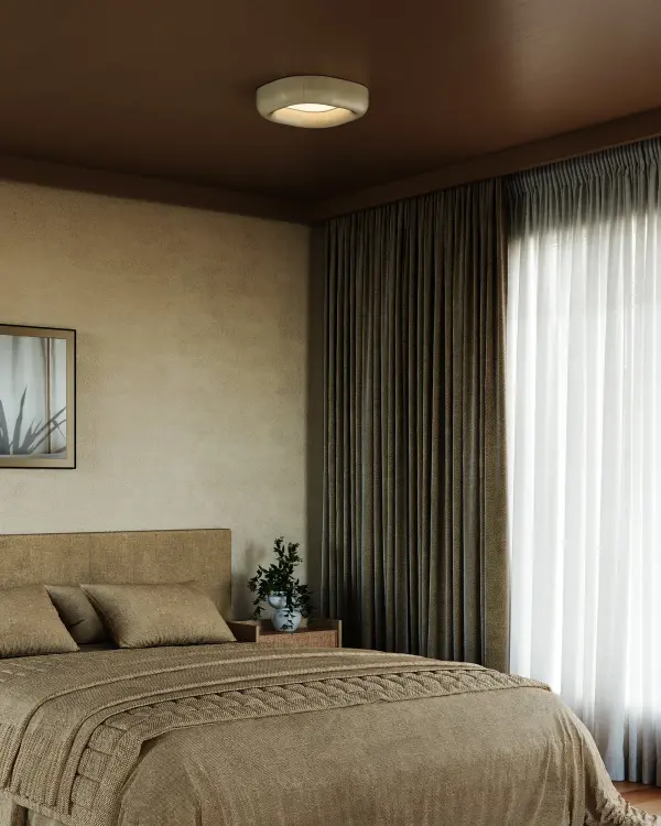 The Folio Flush Mount combines sleek geometric design with premium materials including vegan leather options. Its 5CCT selectable LED technology allows you to adjust color temperature from warm 2700K to cool 5000K. - alternate view