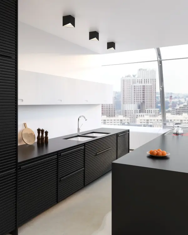 The Cubix flush mount brings playful geometric style with its origami-inspired pattern and luxe black/white duotone finish. Integrated LED with frosted acrylic diffuser provides soft, even lighting perfect for compact spaces. - alternate view