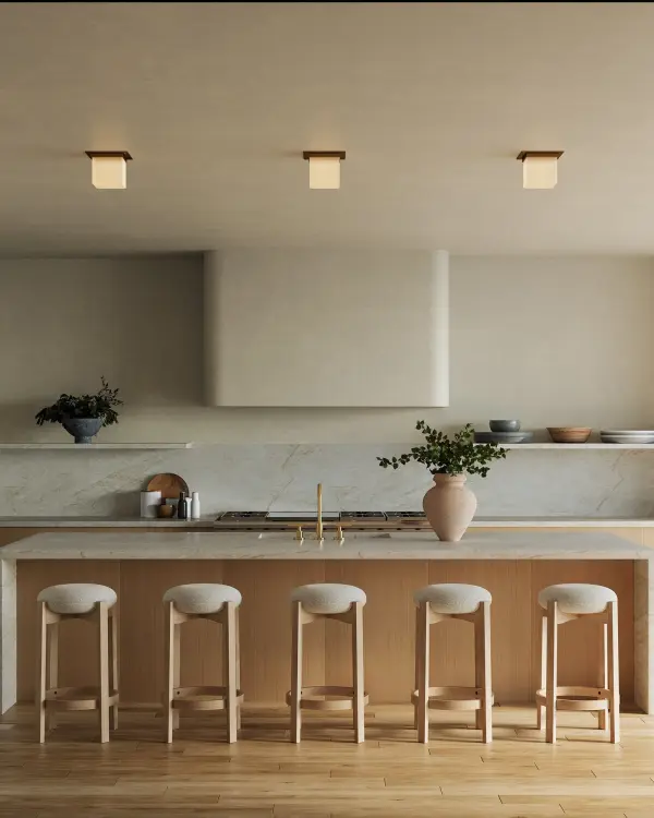 The Mineral Flush Mount by Jason Koharik combines geometric minimalism with organic materials. Its 8-inch profile features opal glass diffusion framed in urban bronze, perfect for spaces requiring refined, space-saving illumination. - alternate view