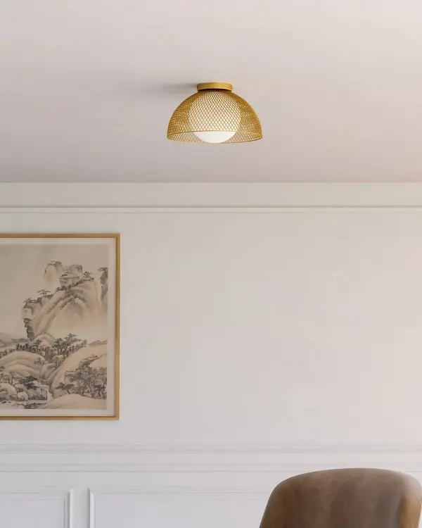 The Haven Flush Mount combines stunning opal matte glass globes with delicate mesh shading for a sophisticated look. Its 12-inch profile makes it ideal for hallways, entryways, and smaller spaces where ceiling clearance matters. - alternate view