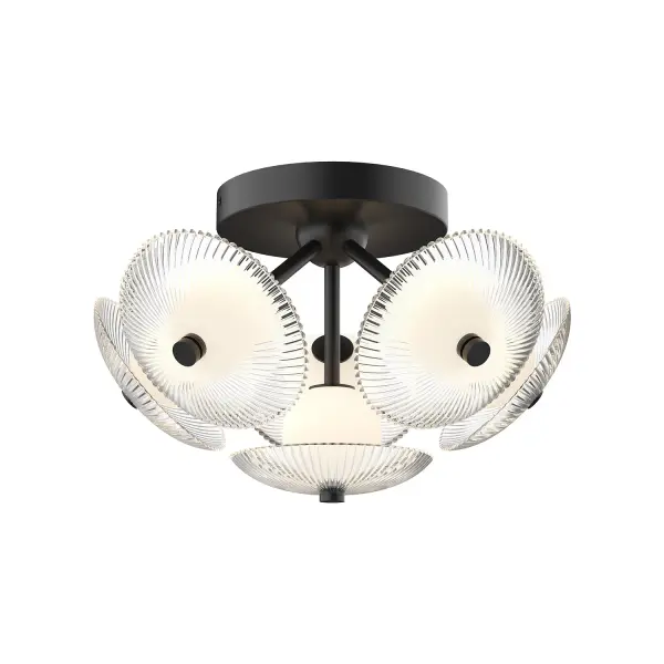 The Hera flush mount combines feminine elegance with practical functionality. Its textured ribbed glass shade and brushed gold finish create a sophisticated look, while integrated 3000K LED provides warm, energy-efficient lighting.
