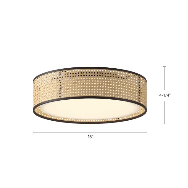 The Lyla brings organic warmth to any space with its naturally toned cane details and sleek black metal trim. This 16-inch drum flush mount combines classic form with contemporary materials, offering selectable color temperatures for ultimate flexibility. - alternate view