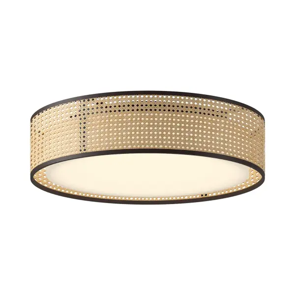 The Lyla flush mount combines organic rattan detailing with sleek black metal trim in a classic drum silhouette. Integrated LED with 5 selectable color temperatures offers exceptional versatility for any space.