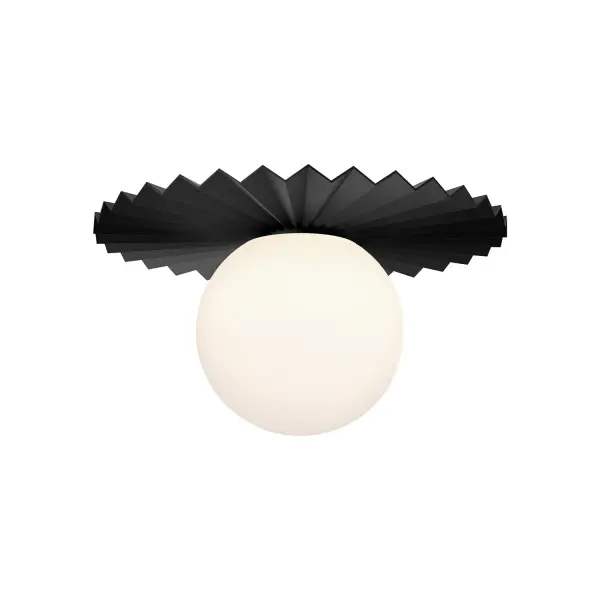 The Plume Flush Mount brings couture-quality design to everyday spaces with its distinctive pleated decorative disk and generous opal glass globe. Perfect for low-ceiling applications where style matters.