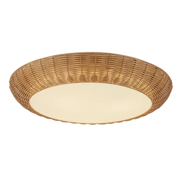 The Merida brings organic warmth to contemporary spaces with its natural rattan curved shade. Perfect for low-ceiling areas, this 21-inch flush mount adds textural interest while maintaining a clean, minimalist aesthetic.