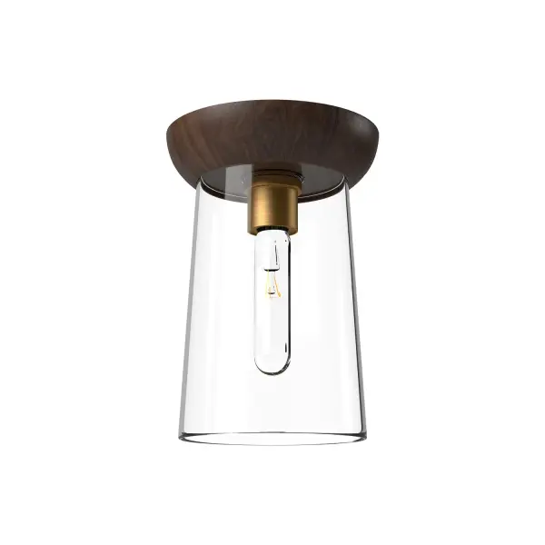 The Emil flush mount blends natural walnut wood with aged gold metallic accents for a sophisticated organic aesthetic. Its compact 7-inch profile makes it ideal for smaller spaces while delivering warm, inviting illumination.